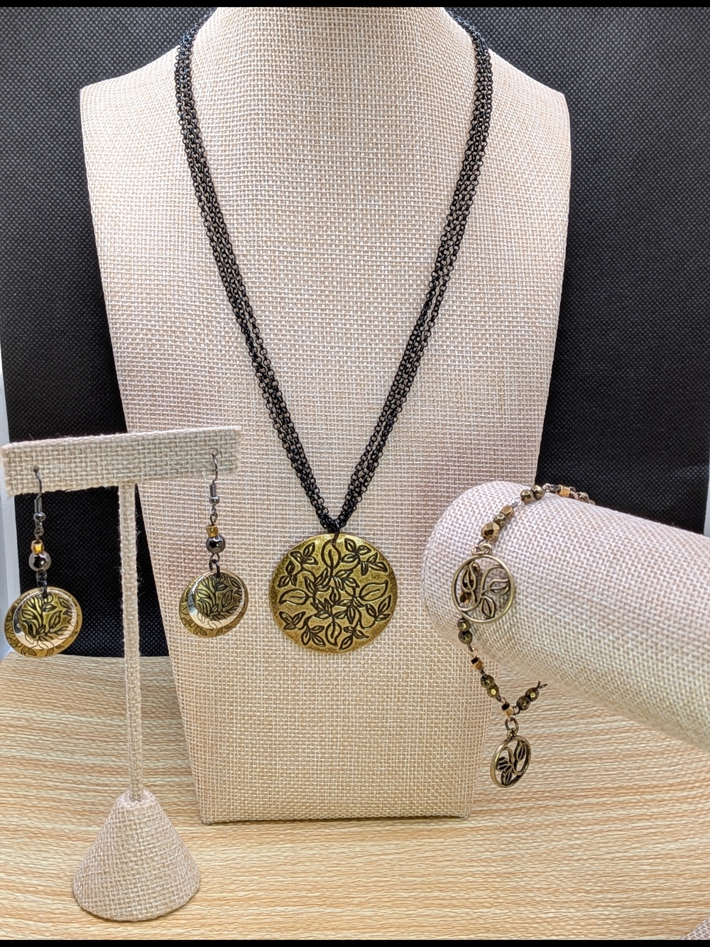 Handmade Mixed Metal Floral Pendant Necklace Set - Necklace, Bracelet, Earrings